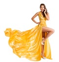 Woman Yellow Dress Flying on Wind, Beautiful Fashion Model in Fluttering Gown on white