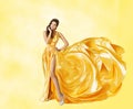 Woman Yellow Dress, Happy Fashion Model in Elegant Long Gown