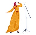 Woman in yellow dress singing into a microphone on a stand. Female singer performing on stage. Music event, vocalist