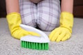 Woman in yellow gloves with a green brush cleaning and brushing carpet, removing stains and wool from it and doing routine Royalty Free Stock Photo