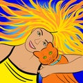 Woman with yellow hair hugging red cat on blue background, a symbol of free Ukraine, happiness after war