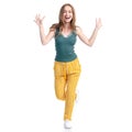 Woman in yellow pants smiling happiness goes walking Royalty Free Stock Photo