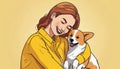 A woman in a yellow shirt hugging a corgi