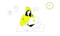 Woman in yellow sits at laptop online working, learning, training