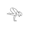 Woman in yoga crow pose hand drawn outline doodle icon.