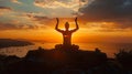 Woman yoga and meditating, silhouette on Mountain sunset background AI generated Royalty Free Stock Photo