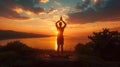 Woman yoga and meditating, silhouette on Mountain sunset background AI generated Royalty Free Stock Photo