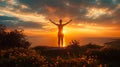 Woman yoga and meditating, silhouette on Mountain sunset background AI generated Royalty Free Stock Photo