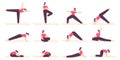 Woman in yoga poses. Female cartoon character do fitness stretch exercises, pilates and relax in asana position. Health