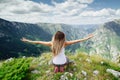 Woman yoga relax at the end of earth in fascinating landscape Royalty Free Stock Photo