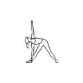 Woman in yoga triangle pose hand drawn outline doodle icon.