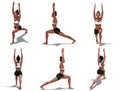 Woman in Yoga Warrior One Pose with 6 angles of view