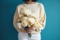 woman floral romantic white bouquet blue day yellow flower sweater hand. Generative AI. Royalty Free Stock Photo