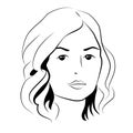 Woman young face, black outline on white background