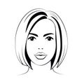 Woman young face with short hair, black outline on white background