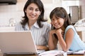 Woman and young girl in kitchen with laptop Royalty Free Stock Photo