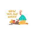 Woman with young plant, pot and cat. Freehand drawn quote: grow your own garden Royalty Free Stock Photo