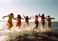 group man fun happiness sunset jump friend holiday ocean youth vacation. Generative AI.