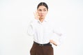 Woman zips her lips, makes seal gesture on mouth, keeps secret, gossips in office, white background