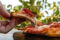 A woman`s fingers taking a slice of pizza from a wooden board close-up on nature blured background