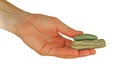 Womanish hand holds a round flat stone