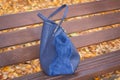 Womanly handbag on bench in autumn park Royalty Free Stock Photo