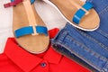 Womanly leather sandals, jeans and shirt, comfortable clothing concept