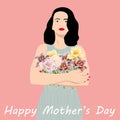 Happy Mothers Day. Mom. Card template with beautiful woman with spring tulips flowers. Royalty Free Stock Photo