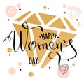 Womans day lettering greeting card with geometric form diamond. low poly style jewel shape in golden glitter background