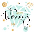 Womans day lettering greeting card with geometric form diamond. low poly style jewel shape in golden glitter background