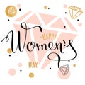 Womans day lettering greeting card with geometric form diamond. low poly style jewel shape in golden glitter background