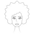 Womans face. African American girl. Sketch. Lady`s head full face. Vector illustration. Lush hairstyle - afro. Plump lips.