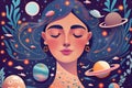Womans face in dream with closed eyes and surreal violet world with stars. fish and planets in her hair, illustration