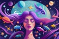 Womans face in dream with closed eyes and surreal violet world with stars. fish and planets in her hair, illustration