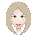 Womans face. Lady full face. Colored vector illustration. Cute blonde with brown eyes. Classic bob hairstyle. Royalty Free Stock Photo