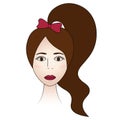 Womans face. Lady full face. Long hair tied in a bow in a ponytail. Colored vector illustration. Brunette with brown eyes.