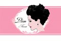 a womans face with a pink background and the logo for dim tresses