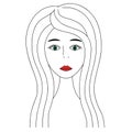 Womans face. Sketch. Girl full face. Vector illustration. Nice lady with green eyes. Long eyelashes. Black eyebrows. Royalty Free Stock Photo