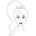 Womans face. Sketch. The head of the girl in full face. Vector illustration. Long hair tied in a bow in a ponytail. Purple eyes.