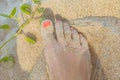 Womans feet on the sandy beach with coral red manikure, closeup of finger nails