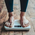 Womans feet on weight scale, health monitoring, fitness progress