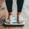 Womans feet on weight scale, health monitoring, fitness progress