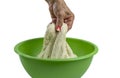 A womans hand draws out thick dough from a large bowl, white background, space for text