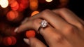 a womans hand holding a diamond ring on her finger Royalty Free Stock Photo