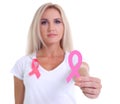 Womans hand holding pink breast cancer awareness ribbon Royalty Free Stock Photo