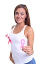 Womans hand holding pink breast cancer awareness ribbon Royalty Free Stock Photo