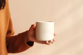 Womans hand holding a plan white blank mug cup, warm neutral tones rustric cottagecore, product design, small business Royalty Free Stock Photo