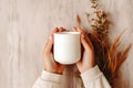 Womans hand holding a plan white blank mug cup, warm neutral tones rustric cottagecore, product design, small business Royalty Free Stock Photo