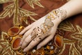 Womans hand mehendi picture orange bright fabric embroidery