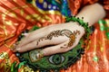 Womans hand mehendi picture orange bright fabric with pleats